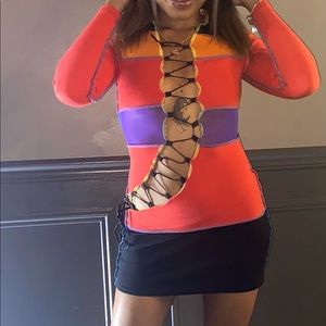 MINI DRESS - LONG SLEEVE SLEEK OPEN FRONT STITCH DETAIL (NEON RED COLOR BLOCK)